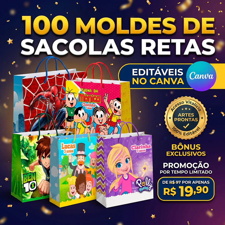 Pack 100 Moldes de Sacolas Retas Editáveis no Canva 1