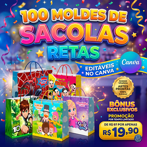Pack 100 Moldes de Sacolas Retas Editáveis no Canva