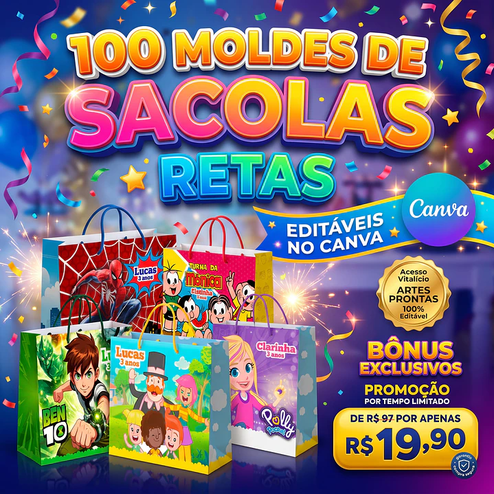 Pack 100 Moldes de Sacolas Retas Editáveis no Canva 2