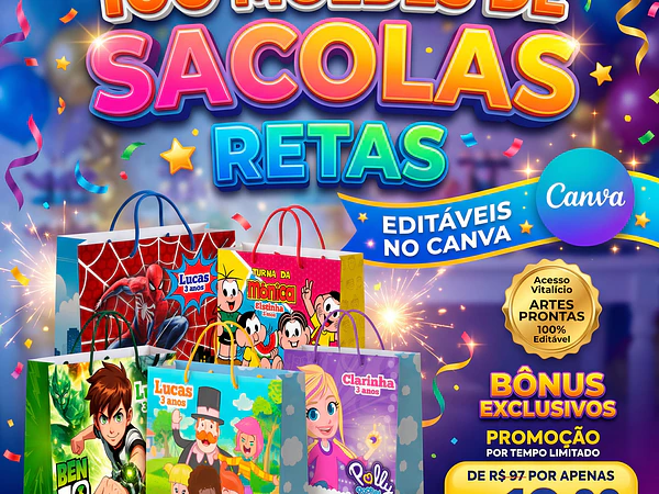 100 Moldes de Sacolas Retas Editáveis no Canva | Mypik Store