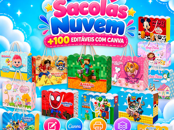 Pack Sacolas Nuvem: +100 Modelos Editáveis no Canva | Mypik Store  
