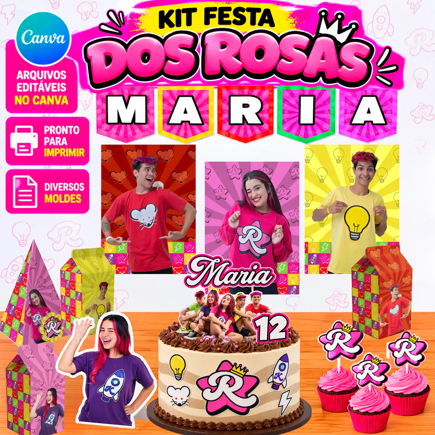 Kit Digital Festa pronta dos Rosas Editável no Canva 1