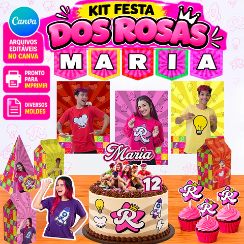 Kit Digital Festa pronta dos Rosas Editável no Canva