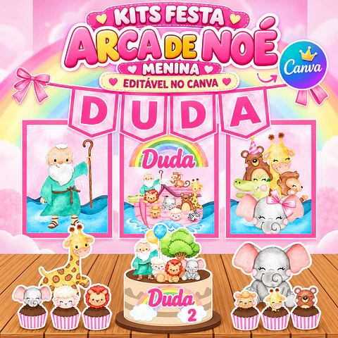 Kit Festa Arca de Noé Menina Editável no Canva