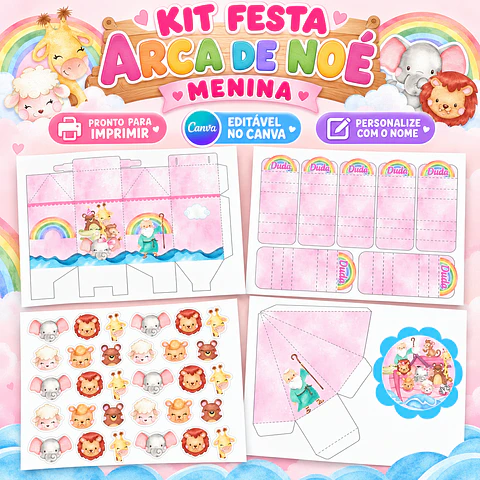 Kit Festa Arca de Noé Menina Editável no Canva
