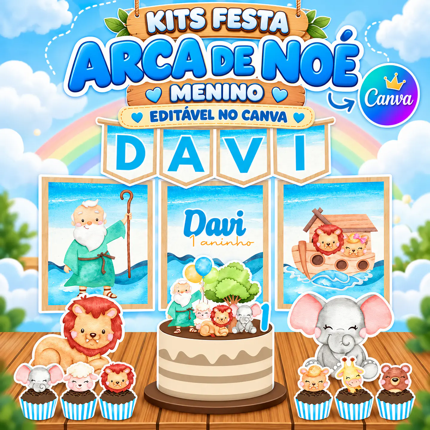 Kit Festa Arca de Noé Menino Editável no Canva 1