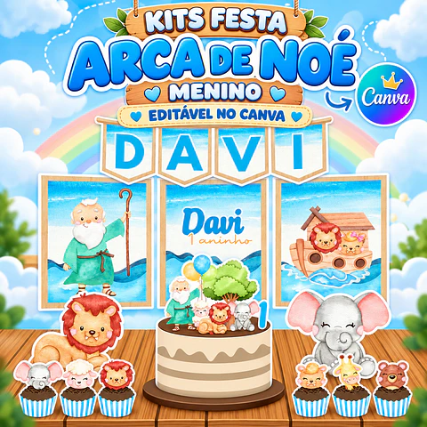 Kit Festa Arca de Noé Menino Editável no Canva
