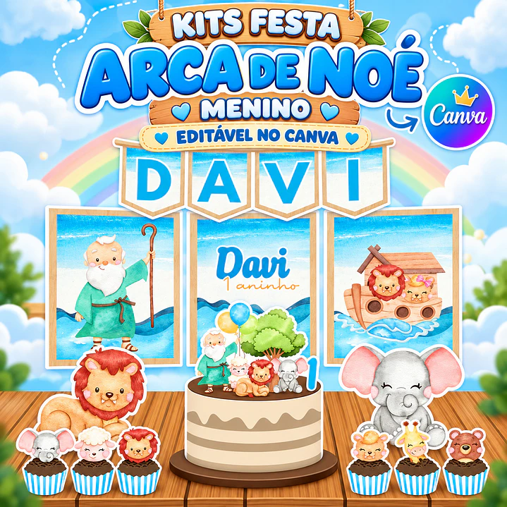 Kit Festa Arca de Noé Menino Editável no Canva 1