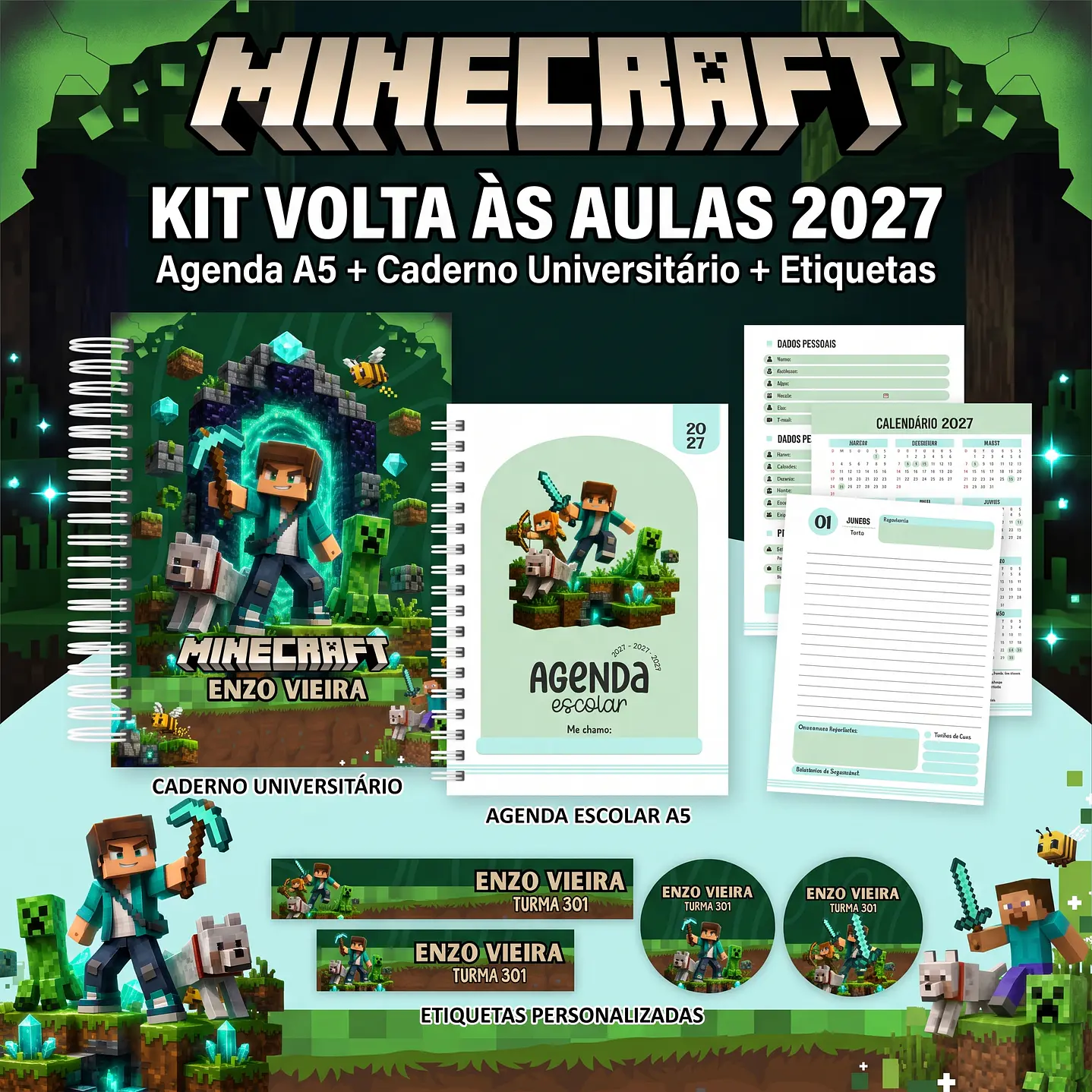 Kit Encadernação Minecraft 2027 – Volta às Aulas 3