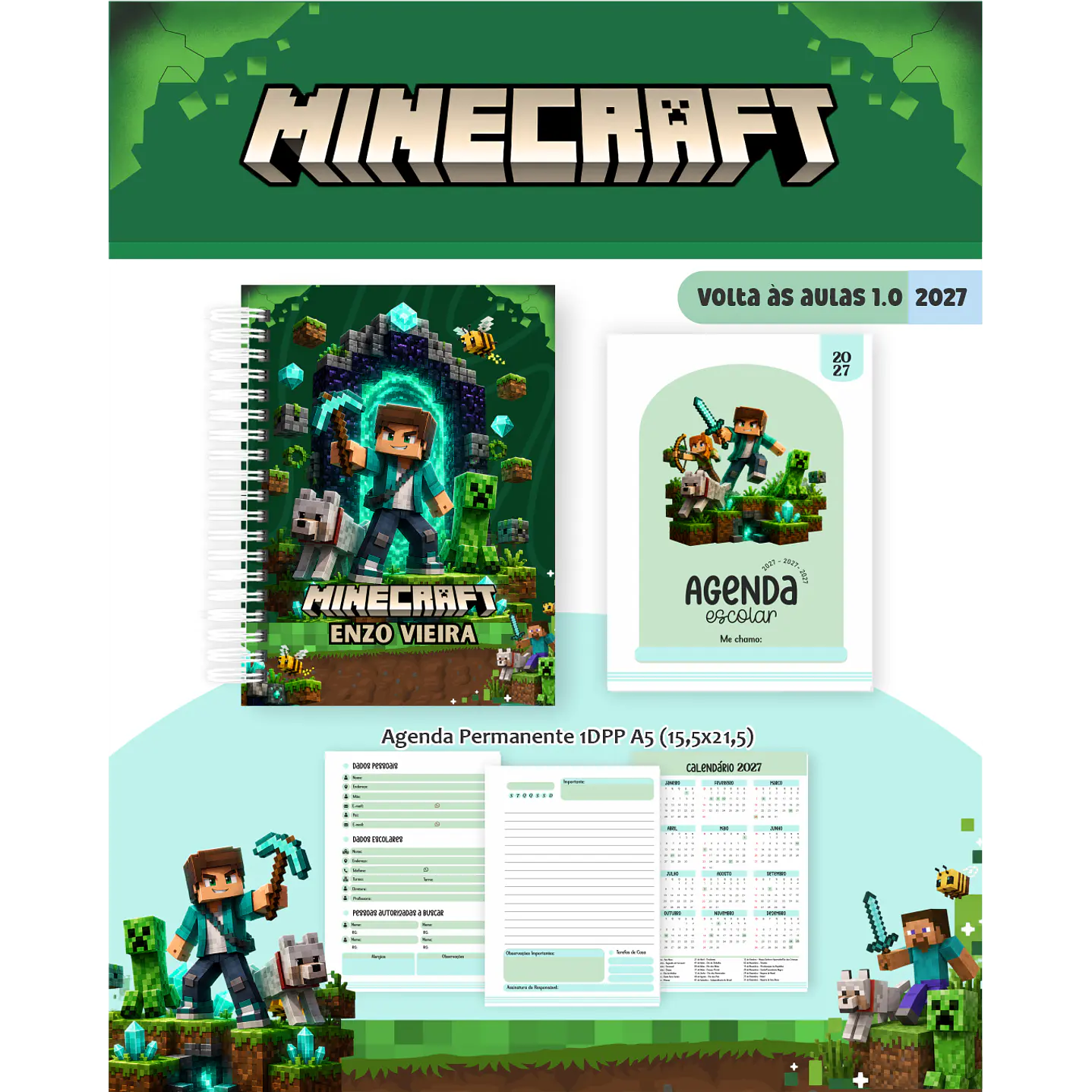 Kit Encadernação Minecraft 2027 – Volta às Aulas 5
