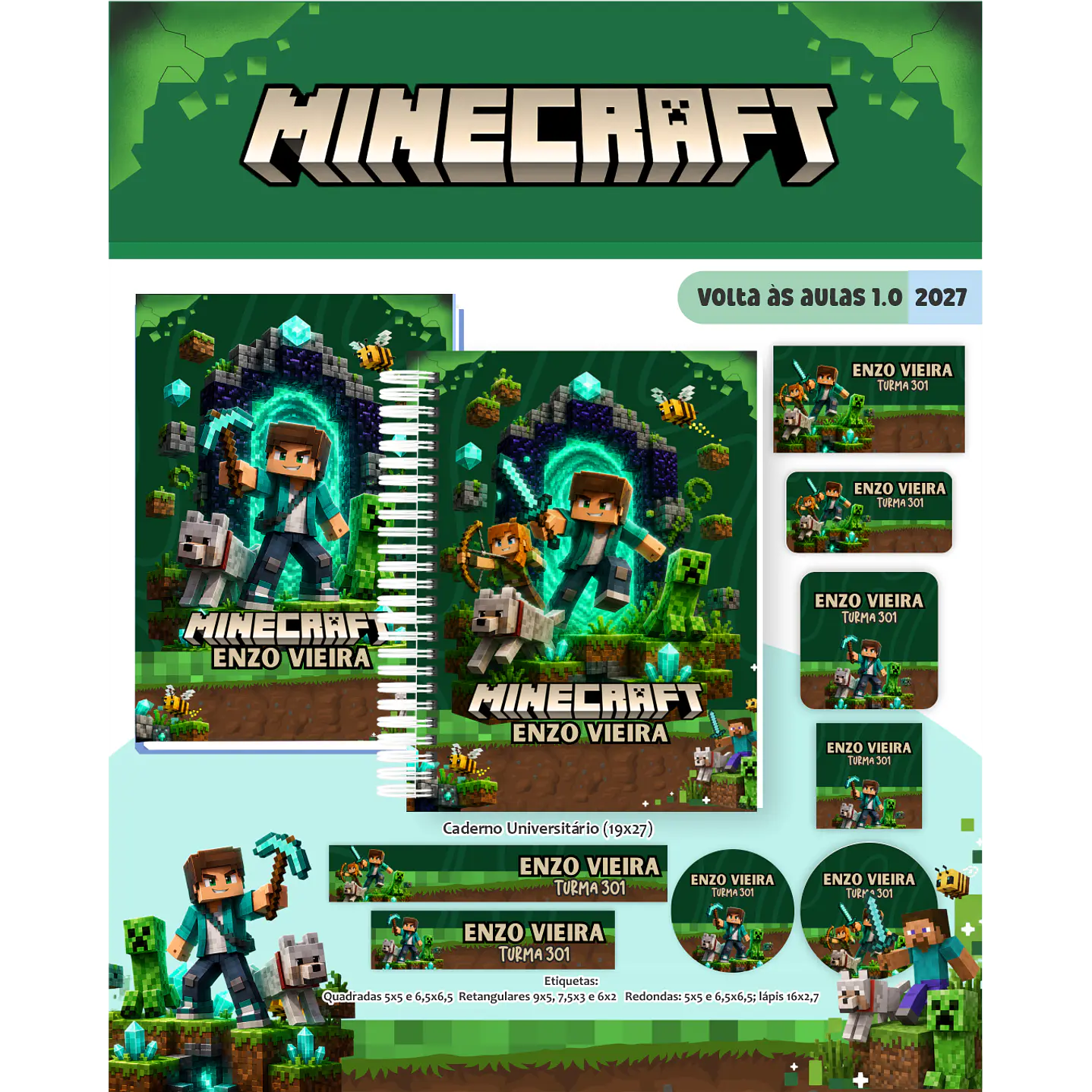 Kit Encadernação Minecraft 2027 – Volta às Aulas 2