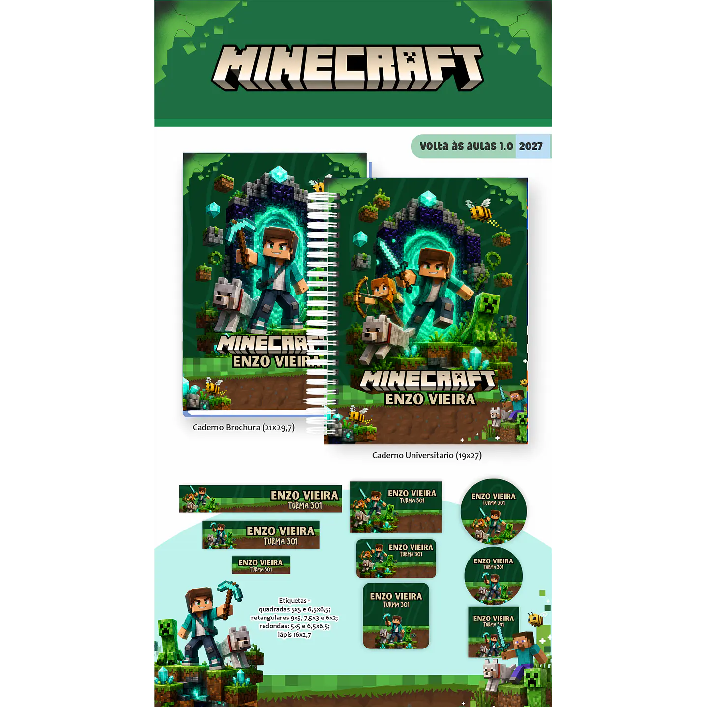 Kit Encadernação Minecraft 2027 – Volta às Aulas 6