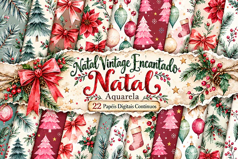 Kit Digital Natal Vintage com Papéis para Artesanato