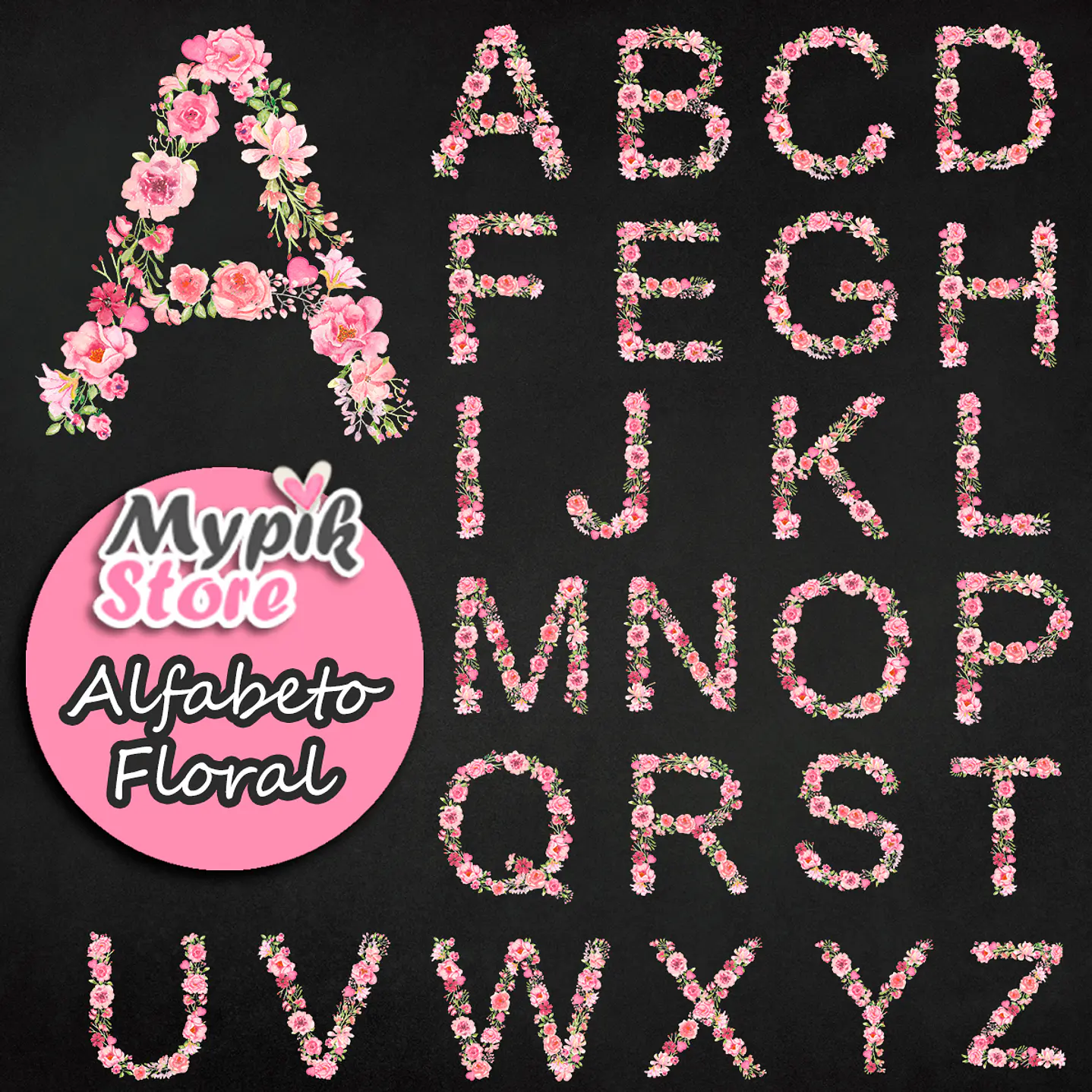 Kit Digital Alfabeto Floral Rosa de A a Z 1