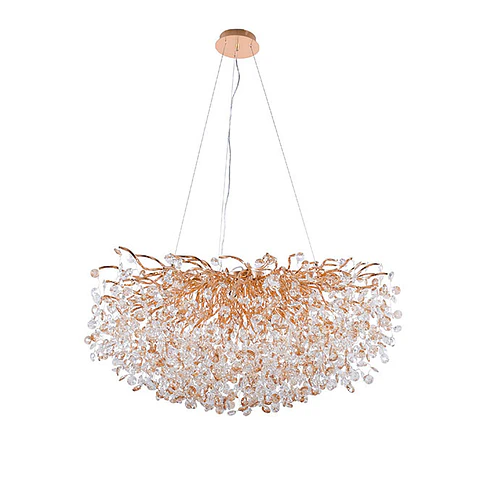 Candeeiro de tecto DAVOS 15xG9 Alt.Reg.xD.100cm com cristais ambar e armação dourada