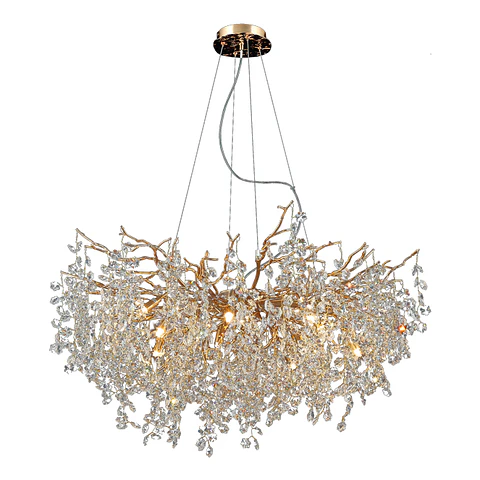 Candeeiro de tecto AMPEZZO 11xG9 Alt.Reg.xD.100cm com cristais transparentes e armação dourada
