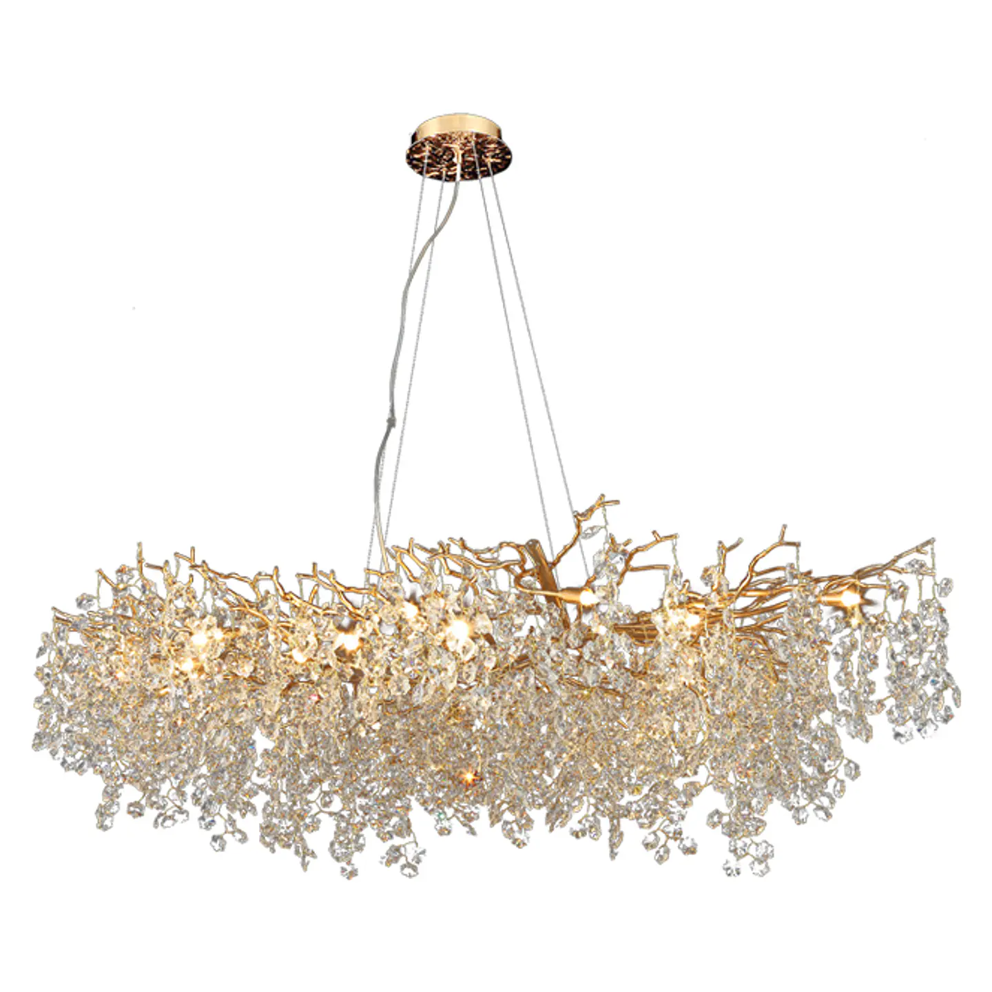 Candeeiro tecto AMPEZZO 18xG9 C.150xL.75xAlt.Reg. com cristais transparentes  e armação dourada 1