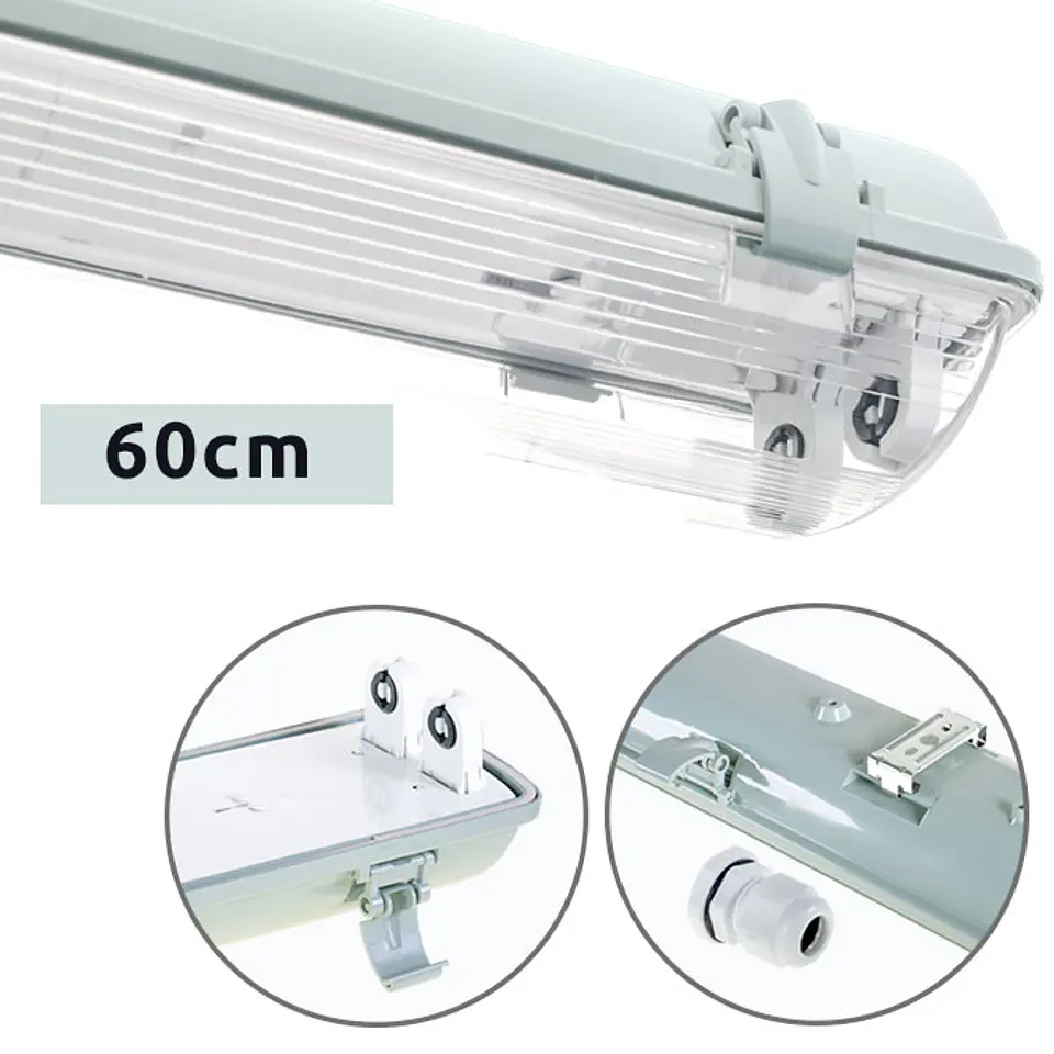 Armadura estanque LINESTA IP65 2xG13 T8 LED 60cm C.65,6xL.11,5xAlt.9,0cm cinzento 1