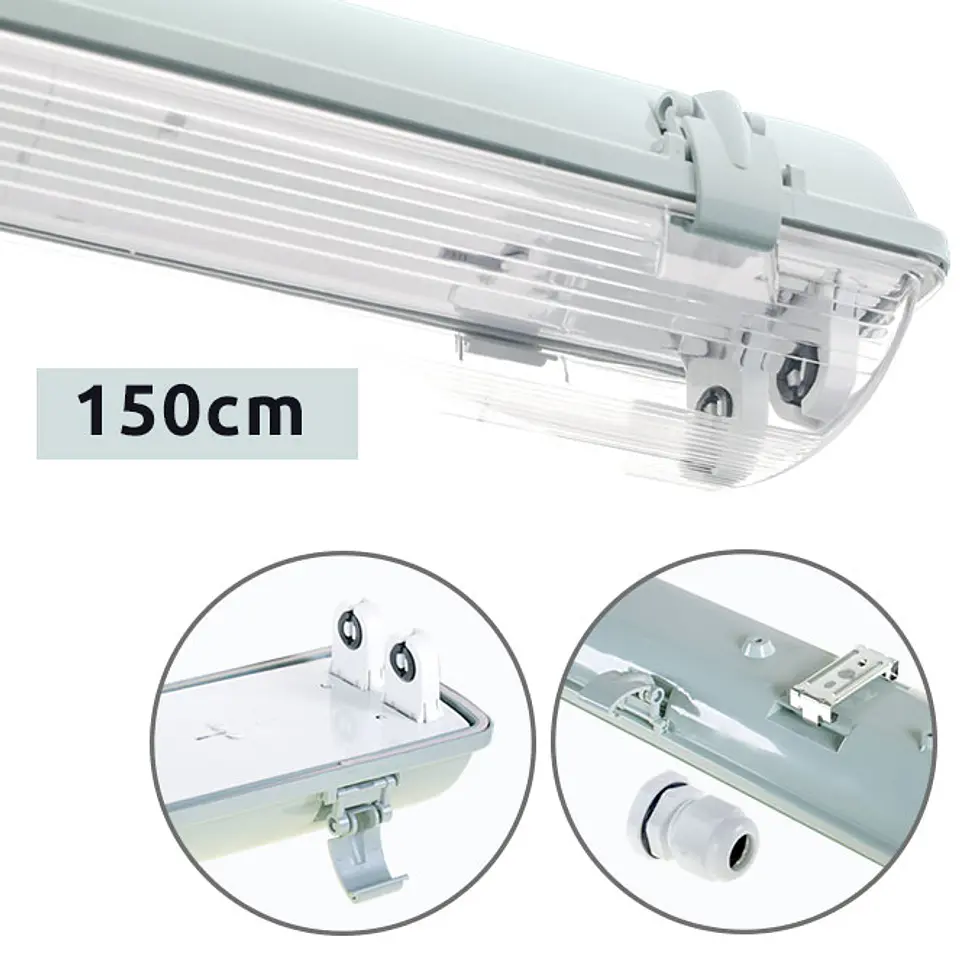 Armadura estanque LINESTA IP65 2xG13 T8 LED 150cm C.156xL.11,5xAlt.9,0cm cinzento 1