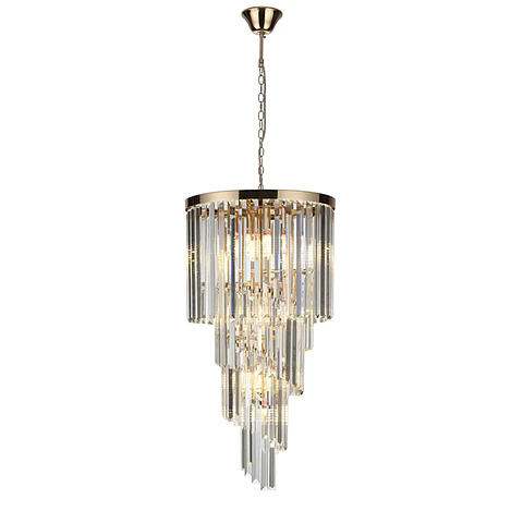 Candeeiro de tecto OLFUS 9xE14 Alt.180(máx.)xD.40cm com cristais transparentes e chapa dourada