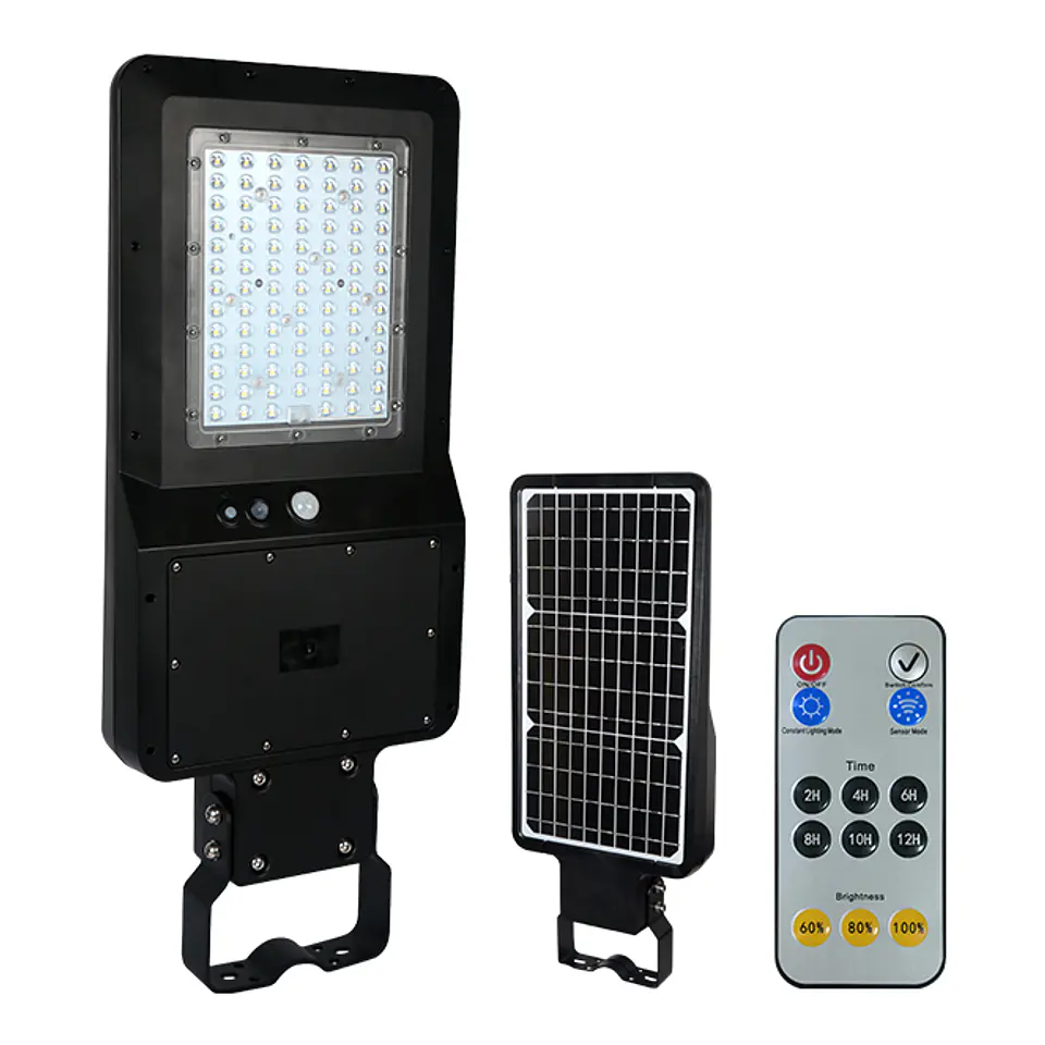 Aplique solar DALTON c/sensor e painel solar IP65 40W LED 6000lm 6000K 90° C.28,97xL.70,61xAlt7,36cm 3