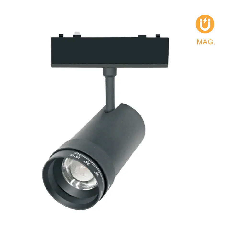 Foco para calha magnética PIQUET (2 condutores) 26W LED 2000lm 3000K 15°-55° Alt.20xD.6,5cm preto 1