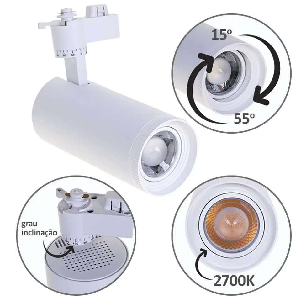 Foco para calha ARGOS (2 condutores) 30W LED 2700K C.7,5xL.8xAlt.23cm branco 1