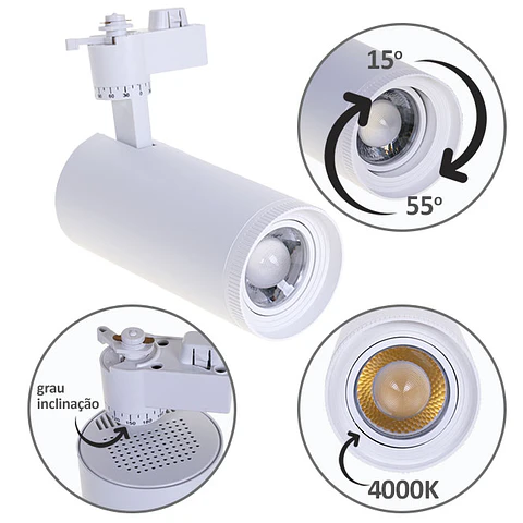 Foco para calha ARGOS (2 condutores) 1x30W LED 4000K C.17xxD.8cm
