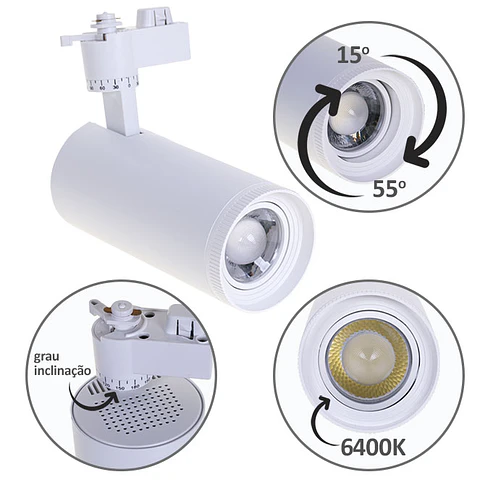 Foco para calha ARGOS (2 condutores) 1x30W LED 6400K C.17xxD.8cm