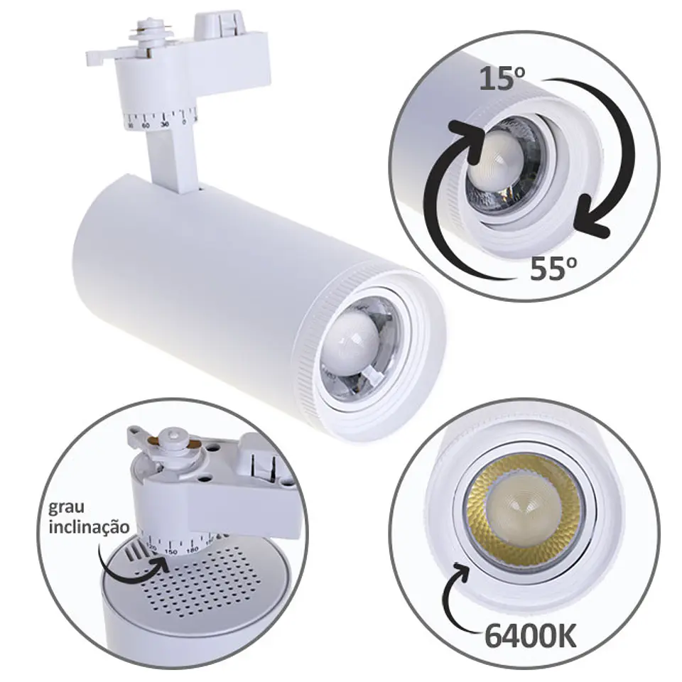 Foco para calha ARGOS (2 condutores) 1x30W LED 6400K C.17xxD.8cm 1
