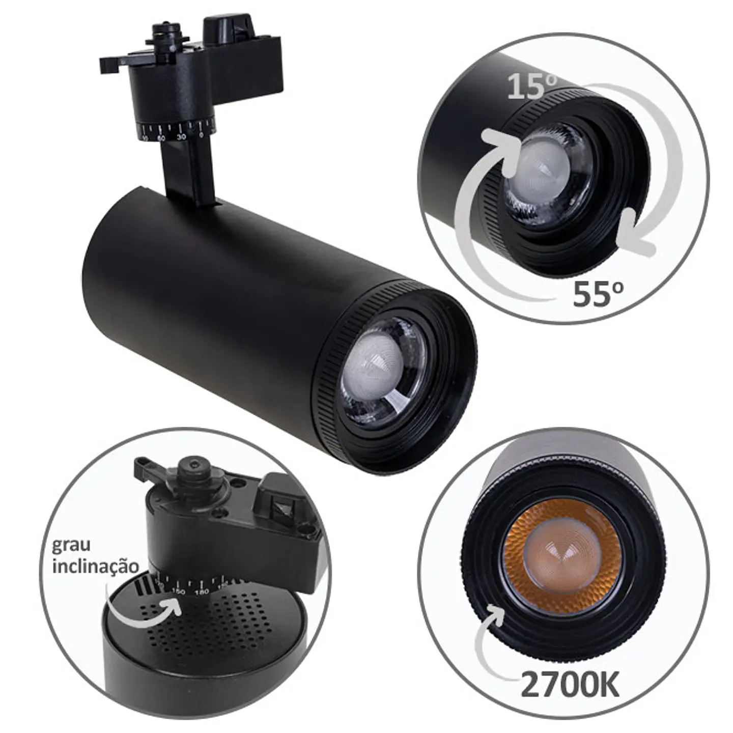 Foco para calha ARGOS (2 condutores) 1x30W LED 2700K C.17xxD.8cm preto 1