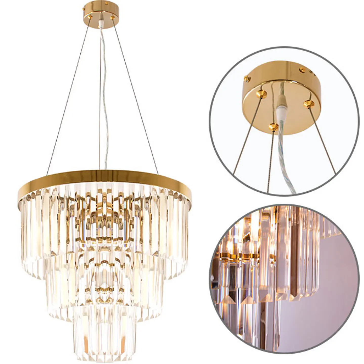 Candeeiro de tecto OLFUS 5xE14 Alt.42xD.45cm com cristais transparentes e chapa dourada 1