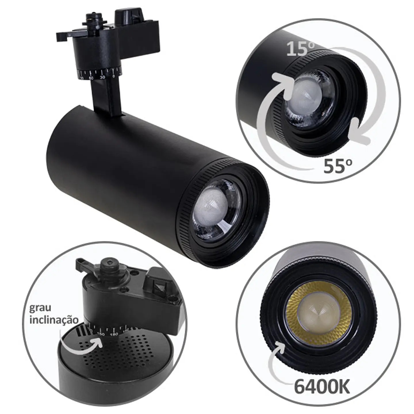 Foco para calha ARGOS (2 condutores) 1x30W LED 6400K C.17xxD.8cm 3