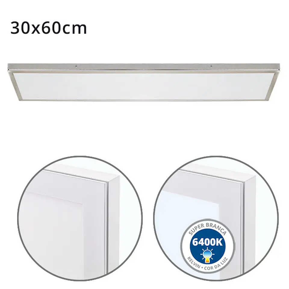 Painel de superfície VOLTAIRE 30x60 36W LED 2880lm 6400K 120° C.60xL.30xAlt.2,3cm 4