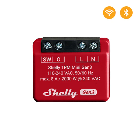Shelly 1PM Mini Gen3 — Mini Relé 1 canal (ON/OFF) 8A com Medição de Consumo Wi-Fi + Bluetooth