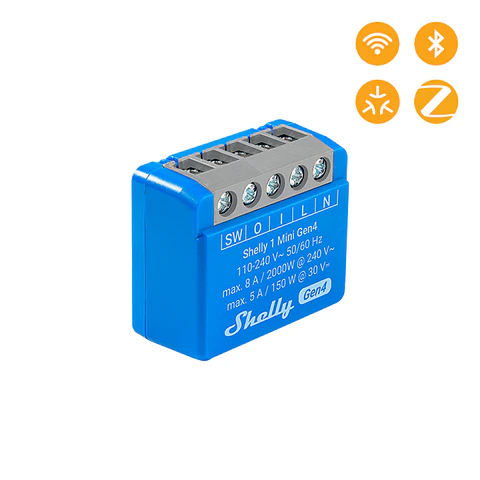Shelly 1 Mini Gen4 — Relé 1 canal (ON/OFF) 8A Wi-Fi + Bluetooth + Zigbee + Matter