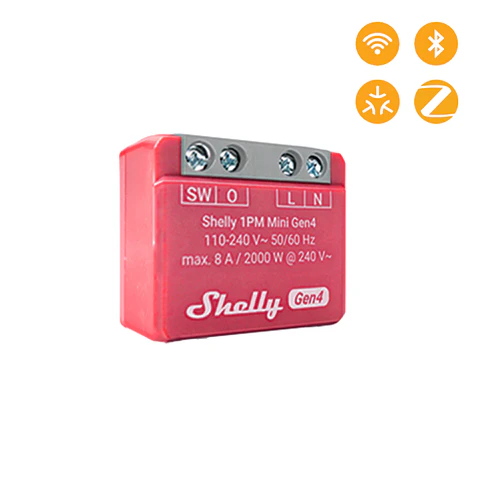 Shelly 1PM Mini Gen4 —Mini Relé 1canal (ON/OFF) 8A com Medição Consumo Wi-Fi+Bluetooth+Zigbee+Matter