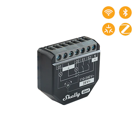 Shelly 2PM Gen4 — Relé 2 canais 10A c/Medição de Consumo, Controlo Estores, Wi-Fi +Zigbee +Matter
