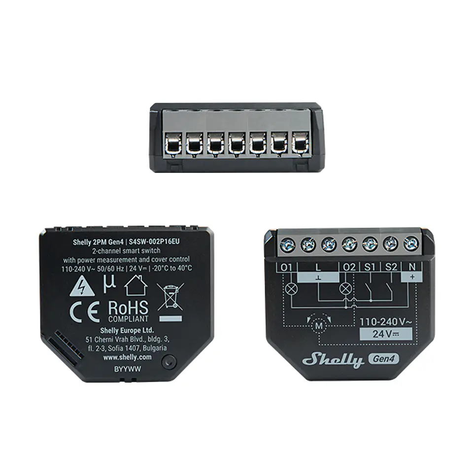 Shelly 2PM Gen4 — Relé 2 canais 10A c/Medição de Consumo, Controlo Estores, Wi-Fi +Zigbee +Matter 2