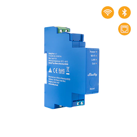 Shelly Pro 1 — Relé 1 canal para calha DIN 16A Wi-Fi + Bluetooth + LAN