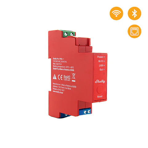 Shelly Pro 1PM — Relé 1 canal para calha DIN 16A com Medição, Wi-Fi + Bluetooth + LAN
