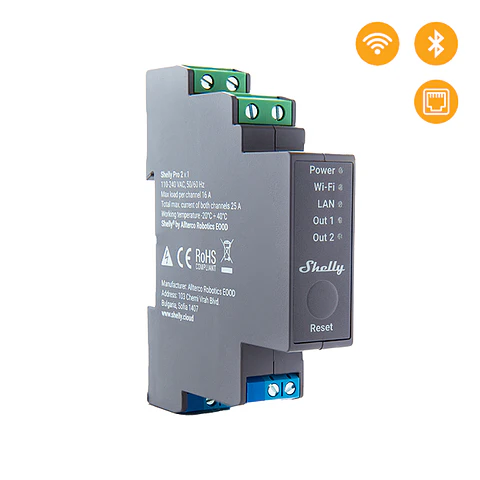Shelly Pro 2 — Relé 2 canais p/calha DIN 2×16A Wi-Fi + Bluetooth + LAN