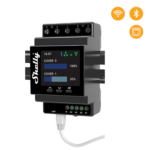 Shelly Pro Dual Cover PM — Controlador 2 canais p/calha DIN, 2 Motores/Estores c/Medição de Consumo