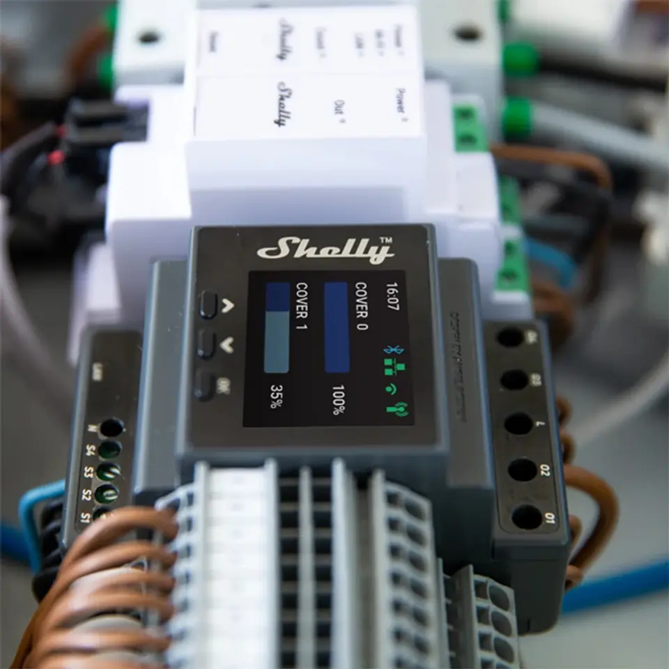 Shelly Pro Dual Cover PM — Controlador 2 canais p/calha DIN, 2 Motores/Estores c/Medição de Consumo 4