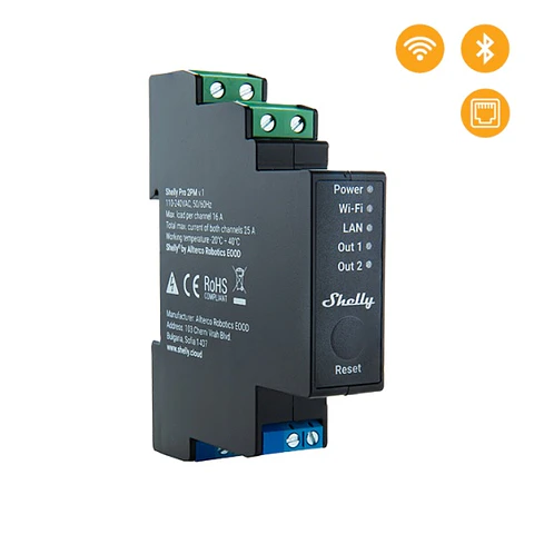Shelly Pro 2PM — Relé 2 canais p/calha DIN 2×16A com Medição de consumo Wi-Fi + Bluetooth + LAN