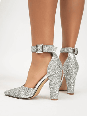 Tacones con diseño brillante con tacón grueso tira tobillera talla 35