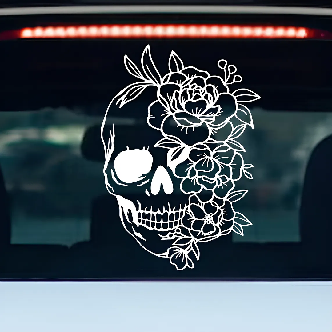 Sticker Vinilo Adhesivo Calavera Con Flores Para Autos 1