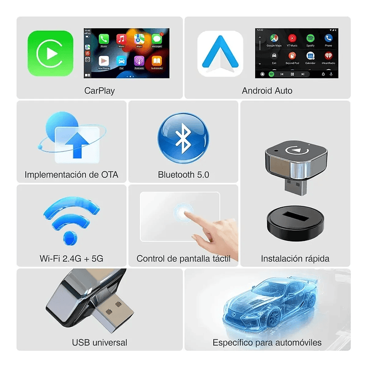 Adaptador Automático Inalámbrico 2 En 1 Para Carplay/android Conexión WiFi Y Bluetooth Plug Y Play 3