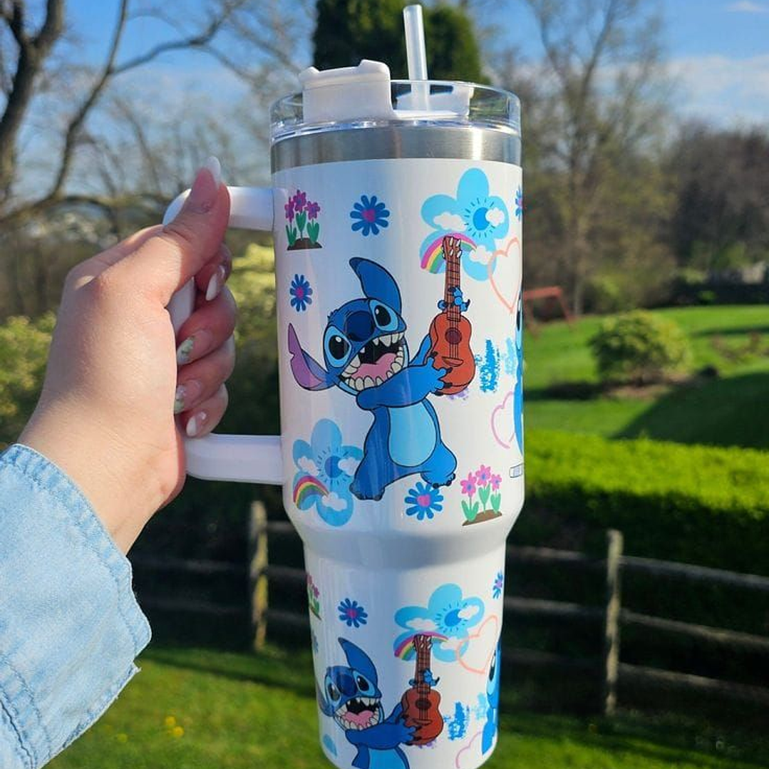 Vaso Térmico Stitch con Flores 1.2L – ¡Hermoso y práctico! 1