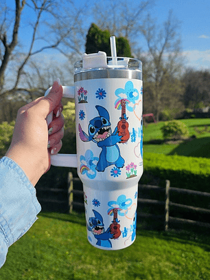 Vaso Térmico Stitch con Flores 1.2L – ¡Hermoso y práctico!